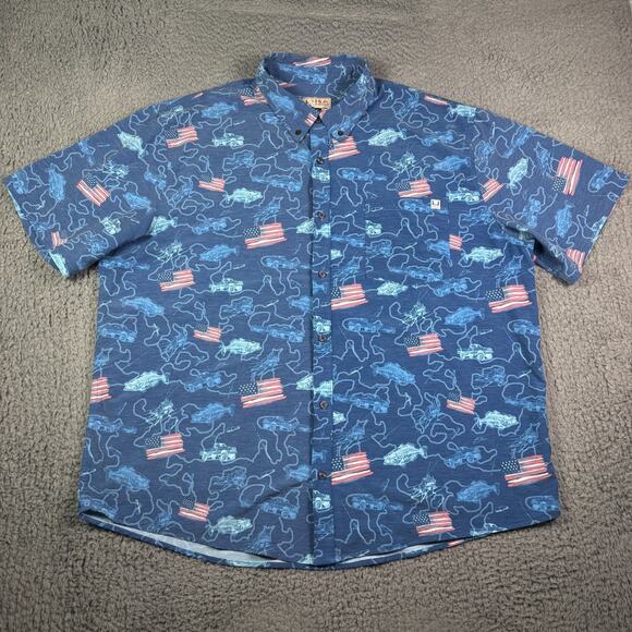 Huk Kona Shirt Mens 3XL Blue Fishing Performance Stretch Button Down Fish Flags - Picture 2 of 8